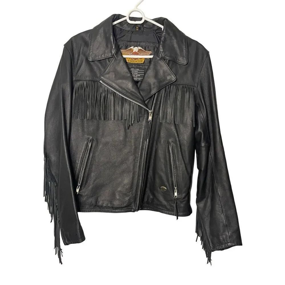 Vintage Harley Davidson Genuine Leather Black Motorcycle Jacket Fringe Sz M